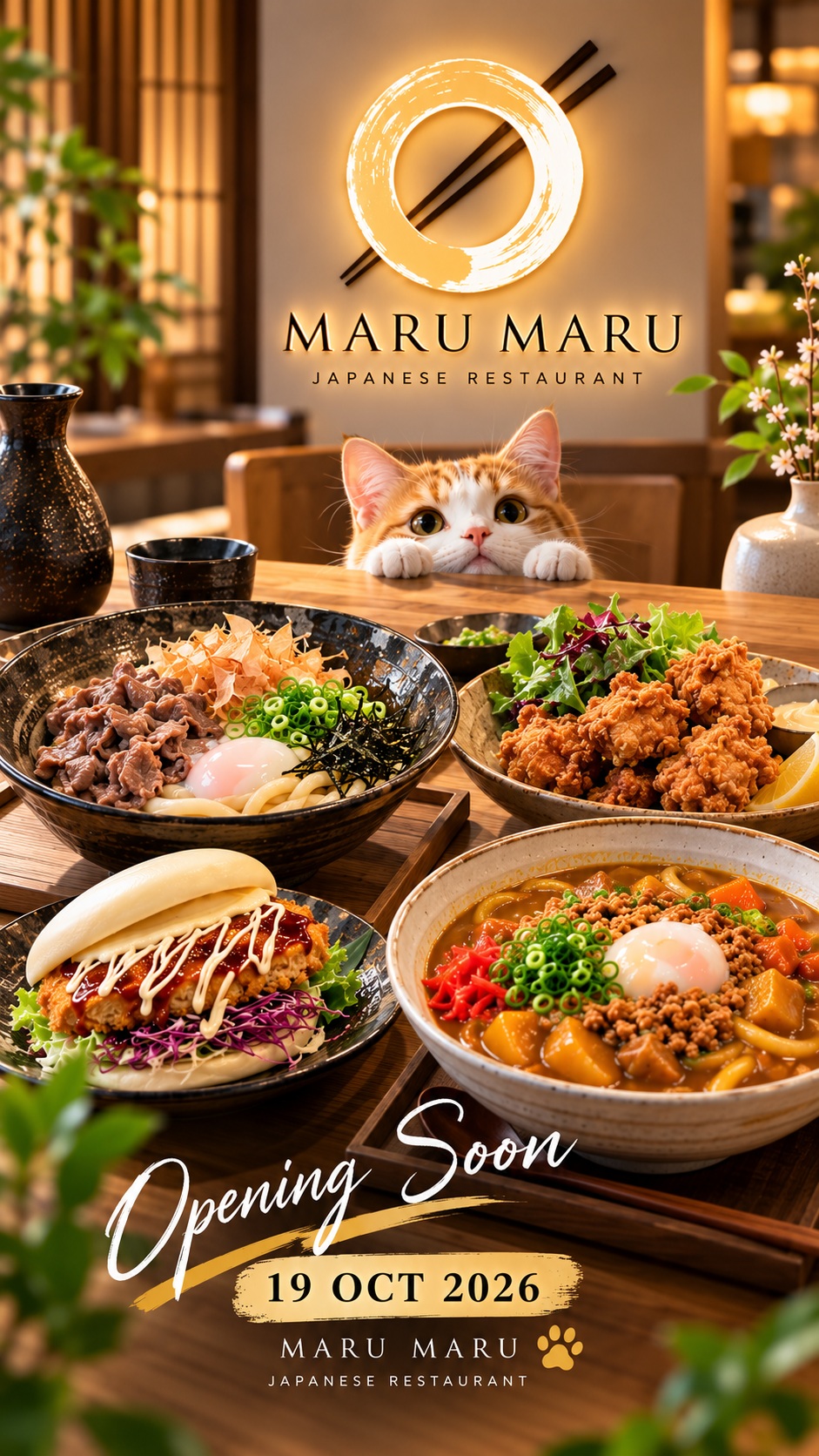 Maru Maru opening poster with Japanese dishes and a curious cat, announcing 19 October 2026.